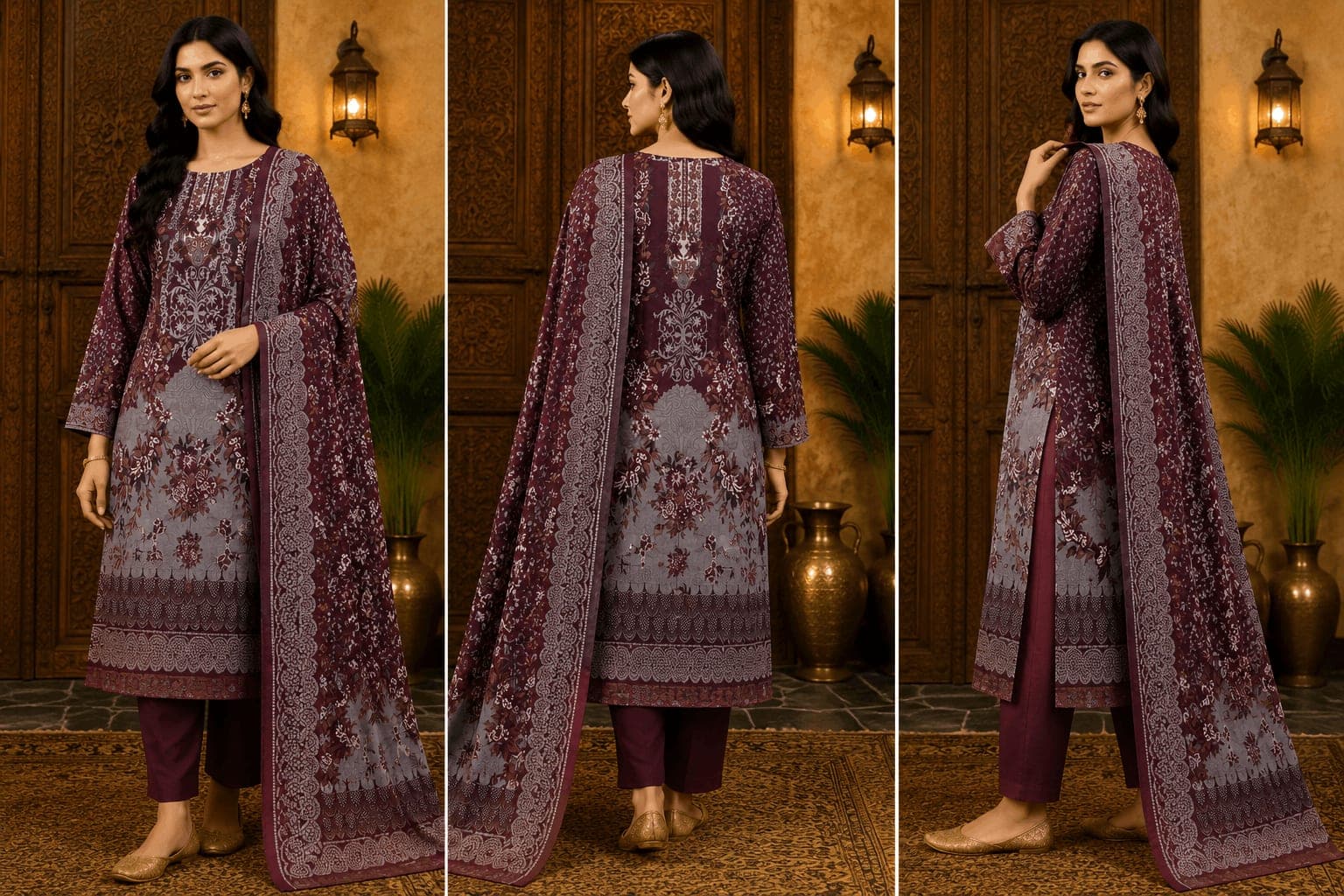 ZomZom আনস্টিচড থ্রি-পিস – মেরুন (Dark Maroon)
